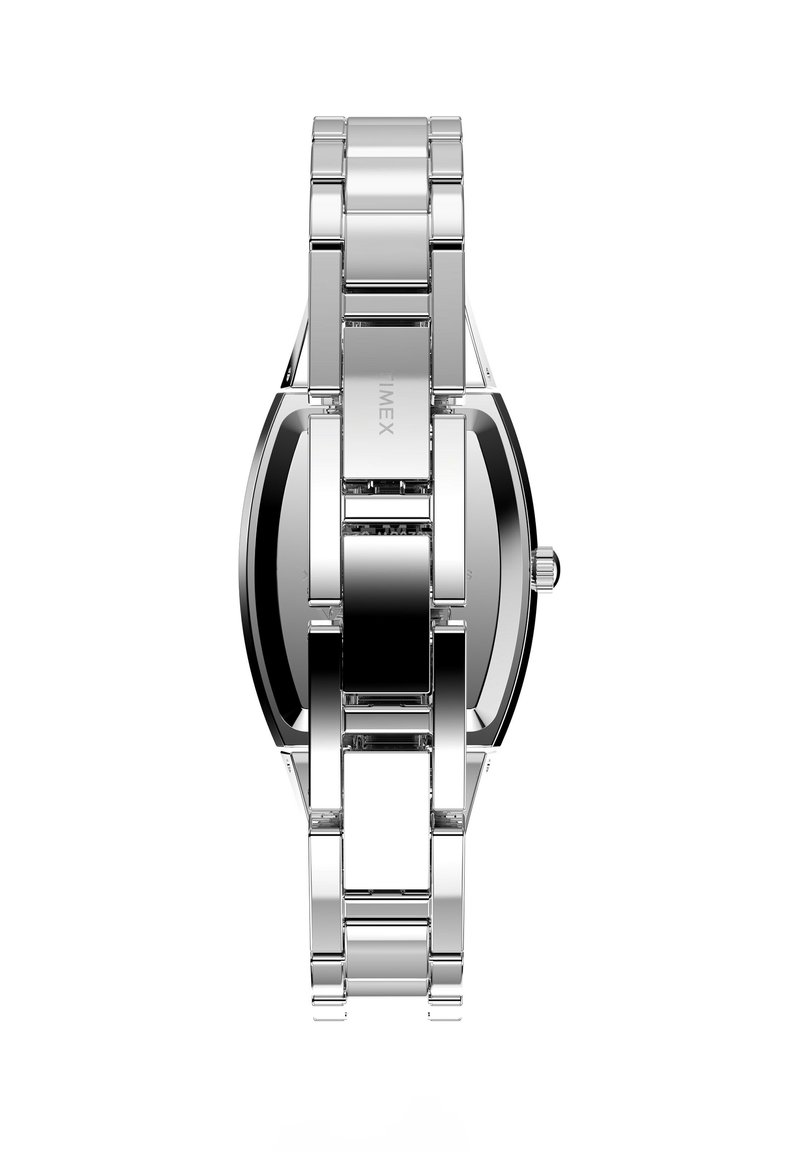 Silberner Edelstahlarmbanduhr mit rundem Gehäuse, polierter Oberfläche und verbundenem Armbanddesign, ausgestattet mit einem schwarzen Zifferblatt und minimalistischen Markierungen.