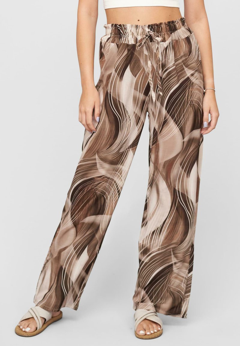 Cream and brown patterned wide-leg pants with a drawstring waist, featuring curved lines and a smooth, lightweight fabric texture.