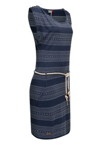 Navy dress with horizontal white patterns, sleeveless design, round neckline, side pockets, and adjustable rope belt with decorative ends.