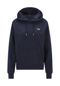 Sudadera azul marino hecha de una mezcla de algodón, con un bolsillo tipo canguro en la parte frontal, cordones en la capucha y un pequeño logo de Fila en el pecho.