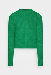 Zielony, krótki sweter o teksturowanym wzorze. Posiada długie rękawy oraz okrągły dekolt, gładki materiał o lekko błyszczące wykończenie.