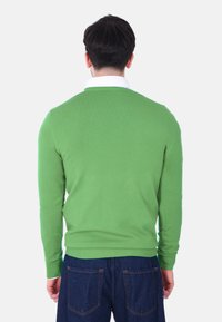 Maglione verde a maglia con scollatura e polsini a costine, abbinato a jeans in denim scuro. La parte posteriore del maglione è liscia e aderente.