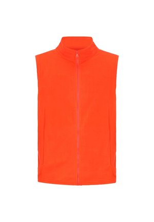 Oranžová fleecová vesta s vysokým límcem a plným předním zipem. Hladká textura, bez rukávů a vodorovné švy podél stran.