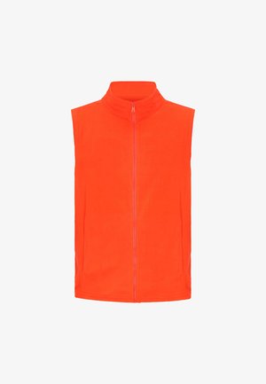 Oranžová fleecová vesta s vysokým límcem a plným předním zipem. Hladká textura, bez rukávů a vodorovné švy podél stran.