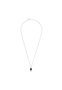 Collar de cadena de plata con un pequeño colgante en forma de oso negro. El colgante tiene una textura suave, mientras que la cadena es delicada y fina.