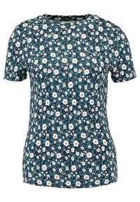 Camiseta de manga corta hecha de algodón, con un fondo azul marino y un patrón floral de margaritas blancas y hojas verdes.