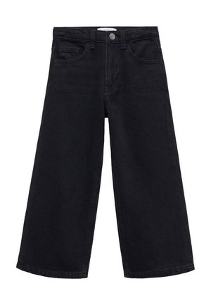  Sorte bløde cropped jeans med brede ben, forreste knap, bæltesløjfer og lommer, præsenteret fladt på en hvid baggrund.