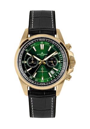 Goldfarbenes Jacques Lemans Chronographenarmbanduhr mit grünem Zifferblatt, schwarzen Hilfszifferblättern, Datumsanzeige und schwarzem Lederarmband mit weißen Nähten.