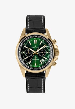 Montre chronographe Jacques Lemans à boîtier doré avec cadran vert, sous-cadrans noirs, fenêtre de date et bracelet en cuir noir avec surpiqûres blanches.
