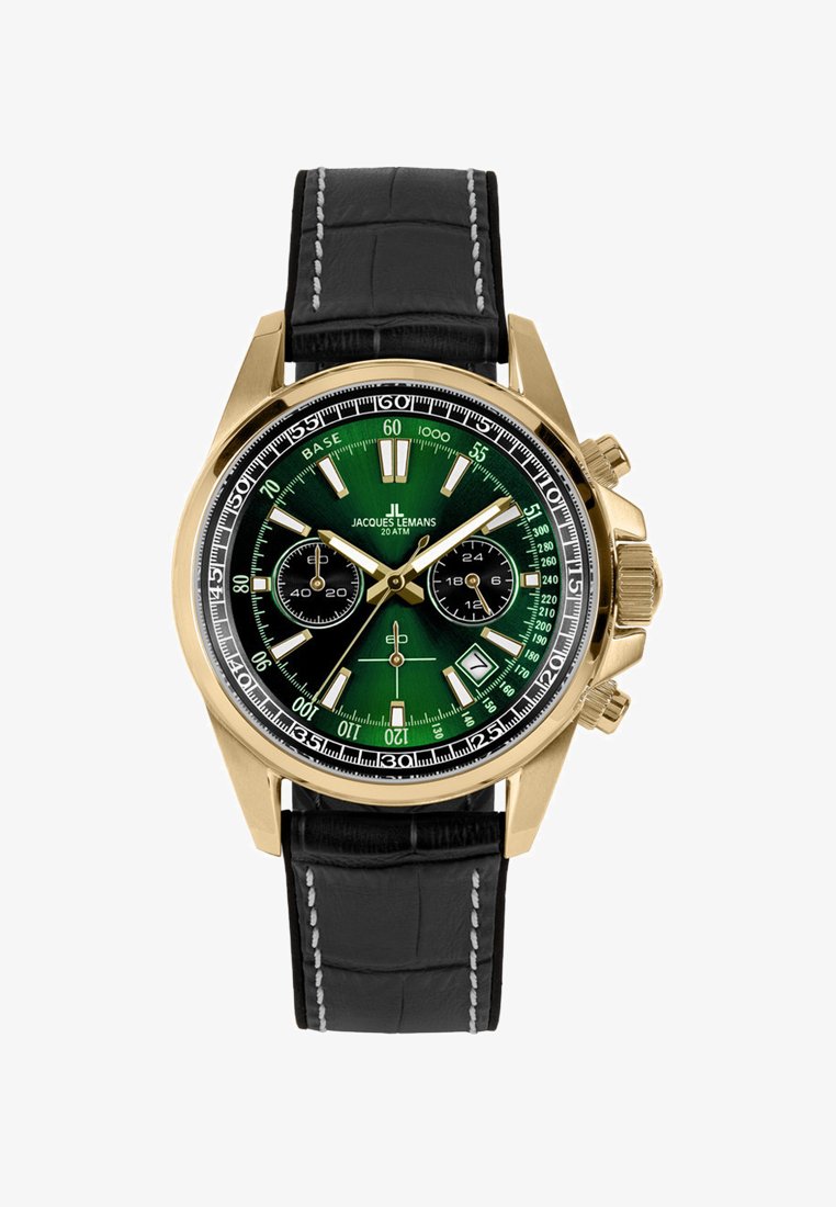 Montre chronographe Jacques Lemans à boîtier doré avec cadran vert, sous-cadrans noirs, fenêtre de date et bracelet en cuir noir avec surpiqûres blanches.