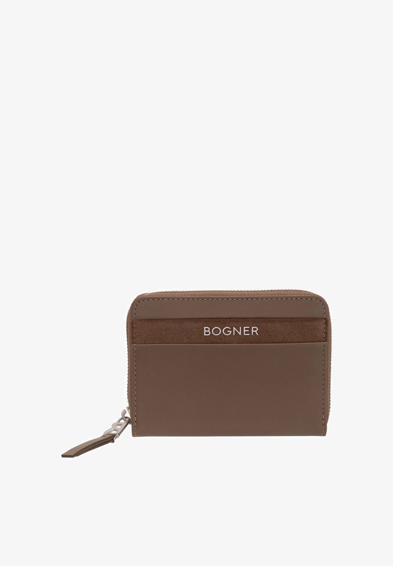Brown BOGNER zippered wallet with a suede accent strip and silver lettering on the front, shown closed on a white background.