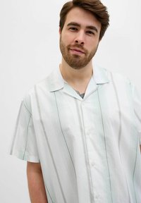 Košile s krátkým rukávem a límečkem s vertikálními bílými a světle zelenými pruhy. Vyrobena z lehkého materiálu, s knoflíkovým zapínáním vpředu.