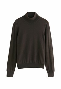 Brown turtleneck sweater made of soft knit fabric, featuring long sleeves, a fitted collar, and a ribbed hem and cuffs.