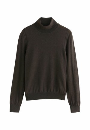 Brown turtleneck sweater made of soft knit fabric, featuring long sleeves, a fitted collar, and a ribbed hem and cuffs.