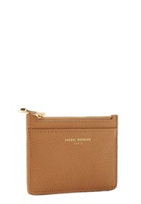 Tan leather cardholder with a textured finish, featuring a zipper compartment and a gold embossed logo on the front.