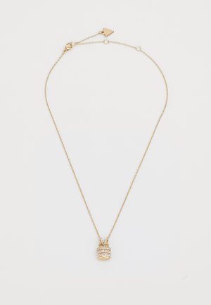 Gouden ketting met een delicate schakel en een cilindervormige hanger versierd met heldere kristallen, met een gepolijste oppervlakte en een kreeftenklauwsluiting.