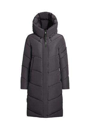 Dolga, puhasta črna bunda z visokim ovratnikom, velikim kapuco, zadrgo in diagonalnim pikastim vzorcem. Ima stranske žepke in eleganten dizajn.