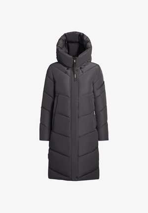 Pikk, paks must mantel kõrge kraega, suure kapuutsiga, lukuga kinnitusega ja diagonaalse tikandiga mustriga. Omab küljetaskuid ja elegantset disaini.