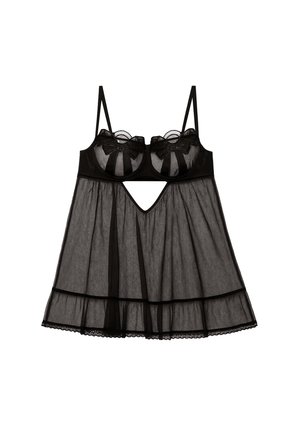 Zwarte doorschijnende mesh babydoll lingerie met ondergoedcups, strikdetails, dunne bandjes en een uitsnijding aan de voorkant van de taille.