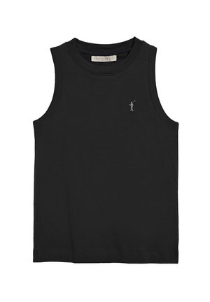 Camiseta de algodón sin mangas de color negro con cuello redondo. Presenta un pequeño logotipo plateado en el lado izquierdo del pecho. Textura suave, corte estándar.