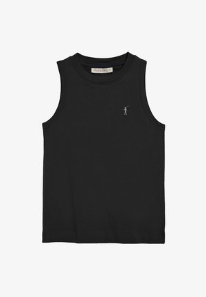 Zwarte mouwloze katoenen tanktop met een ronde halslijn. Bevat een klein zilverkleurig logo op de linkerborst. Gladde textuur, standaard pasvorm.