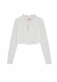 Weißes Spitzen-Croptop mit langen Ärmeln, das einen runden Kragen und einen Ausschnitt mit Schlüsselöffnung aufweist. Aufwendig floral gemustert.