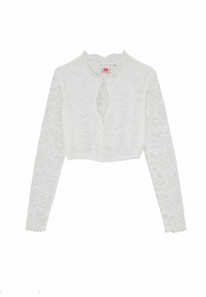 White lace cropped top with long sleeves, featuring a rounded collar and keyhole neck opening. Intricate floral pattern throughout.