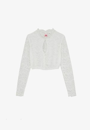 Witte kanten cropped top met lange mouwen, voorzien van een ronde kraag en een keyhole halsopening. Fijn bloemmotief overal.