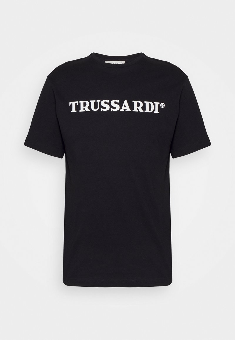 Black short-sleeve crew neck T-shirt with bold white "TRUSSARDI" text across the chest, displayed on a plain white background.