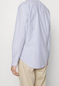 Camicia a maniche lunghe a righe blu chiaro e bianche con orlo curvo e polsini con bottoni; il tessuto sembra liscio con un design classico del colletto.