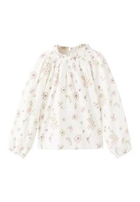 Bela bluza z dolgimi rokavi, okroglim izrezom in nabranim smokom. Celotno bluzo krasi cvetlični vzorec v rožnatih in zelenih tonih.