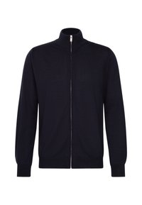 Pull noir en maille à manches longues avec fermeture éclair, col montant et poignets et bas côtelés.
