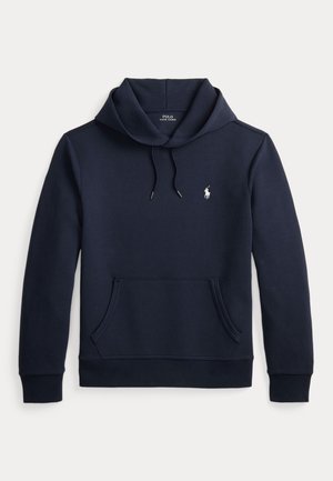 Felpa con cappuccio blu navy scuro con tasca kangaroo frontale, cappuccio con coulisse, maniche lunghe e piccolo logo bianco Polo Ralph Lauren sul petto.
