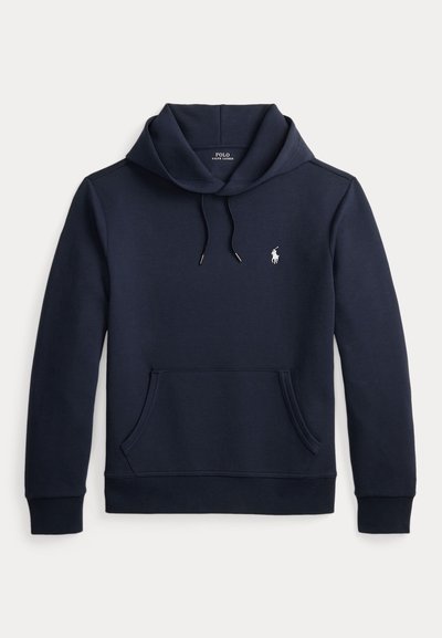 Donker marineblauwe hoodie met voorkangoeroezak, capuchon met trekkoord, lange mouwen en klein wit Polo Ralph Lauren-logo op de borst.