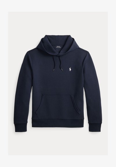 Donker marineblauwe hoodie met voorkangoeroezak, capuchon met trekkoord, lange mouwen en klein wit Polo Ralph Lauren-logo op de borst.