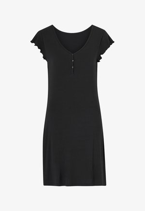 Czarna sukienka o krótkim rękawie, wykonana z miękkiego materiału, z dekoltem w kształcie litery V, trzema guzikami przy dekolcie oraz falbaniastymi krawędziami rękawów.