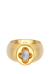 Gold-plated ring with a wide band, featuring a central oval stone and four small round accents. Marked with "925" for silver content.