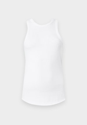 Débardeur blanc côtelé sans manches avec encolure ronde et ourlet arrondi, présenté sur un fond gris clair uni.