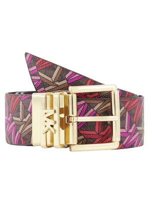 Ceinture marron avec des motifs géométriques roses et rouges, dotée d'une boucle dorée brillante portant le logo "MK".