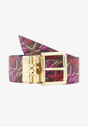 Ceinture marron avec des motifs géométriques roses et rouges, dotée d'une boucle dorée brillante portant le logo "MK".
