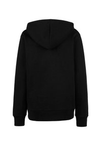 Schwarzer Kapuzenpullover mit glatter Textur, gerippten Bündchen und Saum. Verfügt über eine abgerundete Kapuze und keine sichtbaren Grafiken oder Muster.