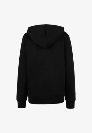 Black hooded sweatshirt with a smooth texture, ribbed cuffs, and hem. Features a rounded hood and no visible graphics or patterns.