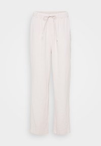 Pantalones de lino en beige claro con cintura ajustable, perneras rectas y bolsillos laterales, con un acabado suave y texturizado.