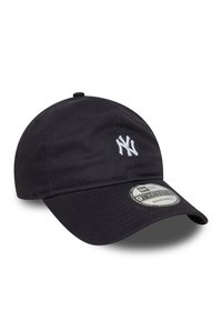 Black baseball cap made of fabric, featuring a white embroidered NY logo on the front, adjustable fit, and curved brim.