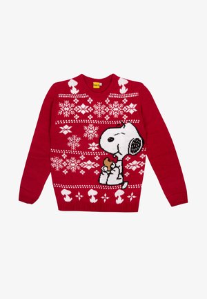 Maglione rosso a maglia con un design di Snoopy bianco che tiene un biscotto, accentuato da fiocchi di neve bianchi e motivi geometrici in tutto il capo.