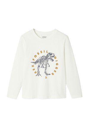 Weißes Langarmshirt mit einem T-Rex-Skelett-Design. Der Text "Fossil Digger" ist in Orange gehalten. Aus weichem Baumwollmaterial mit Rundhalsausschnitt.