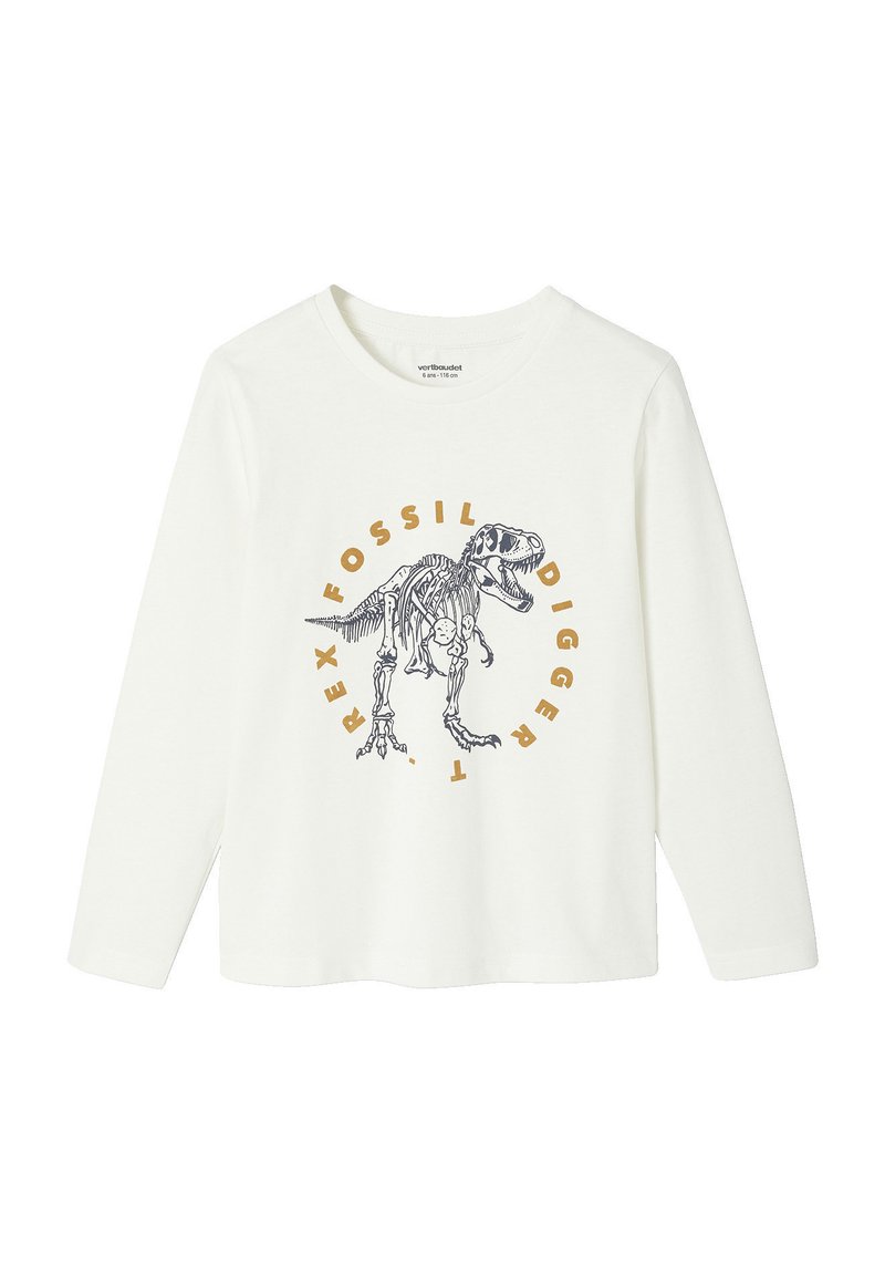Weißes Langarmshirt mit einem T-Rex-Skelett-Design. Der Text "Fossil Digger" ist in Orange gehalten. Aus weichem Baumwollmaterial mit Rundhalsausschnitt.