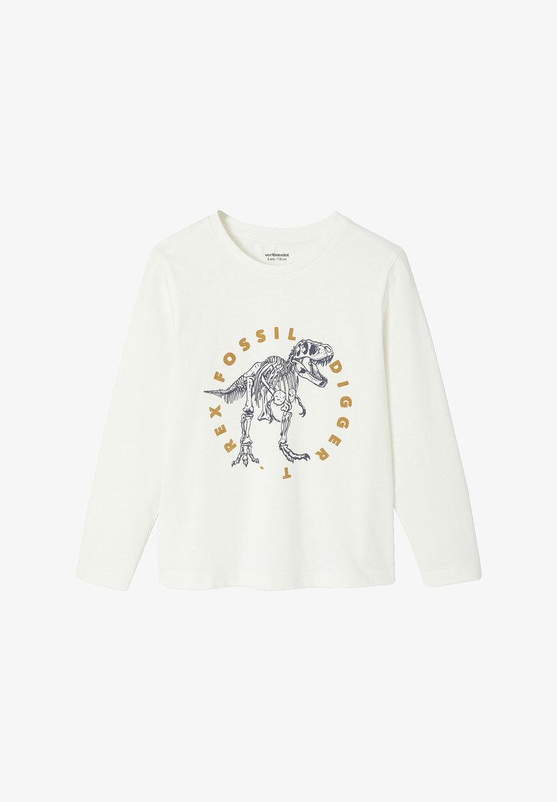 Weißes Langarmshirt mit einem T-Rex-Skelett-Design. Der Text "Fossil Digger" ist in Orange gehalten. Aus weichem Baumwollmaterial mit Rundhalsausschnitt.