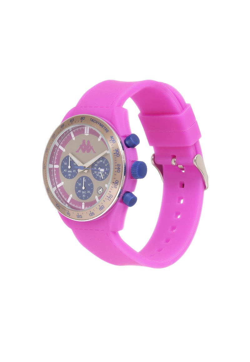 Reloj de silicona rosa con caja redonda, bisel dorado, subesferas azules y botones de presión azules. Presenta una escala taquimétrica en el bisel.
