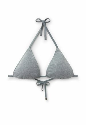 Haut de bikini gris en triangle avec tissu pailleté, lien halter autour du cou et fermeture par liens dans le dos sur fond blanc.